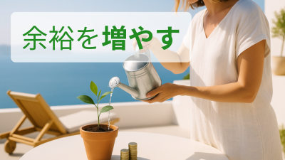 緑の鉢植えに水を注ぎ、育てるようすをテラスで写した写真