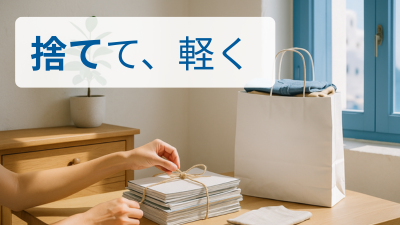 ギリシャ風の部屋で雑誌や服をまとめて整えている様子