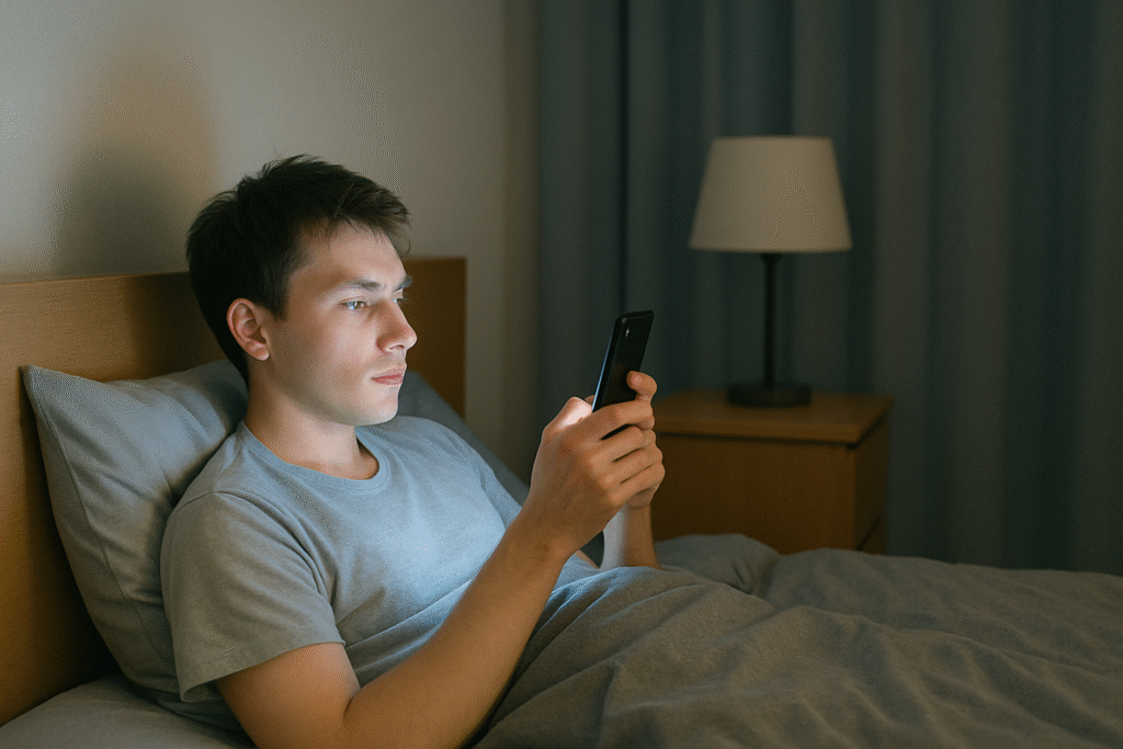 夜にスマホでYouTubeを見続ける若者

