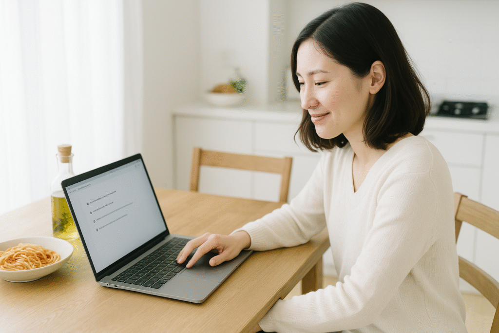 Notebook LMの要約画面を見て勉強や料理を効率化する女性の様子